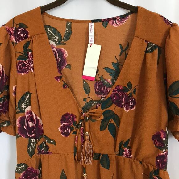 NWT Xhiliration Boho Mustard Yellow Tan Floral Tunic Dress Size Medium - Picture 4 of 6